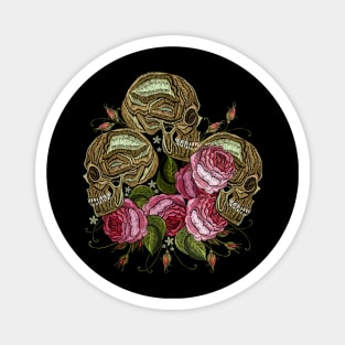 Three Skulls Roses Flower Embroidery Magnet
